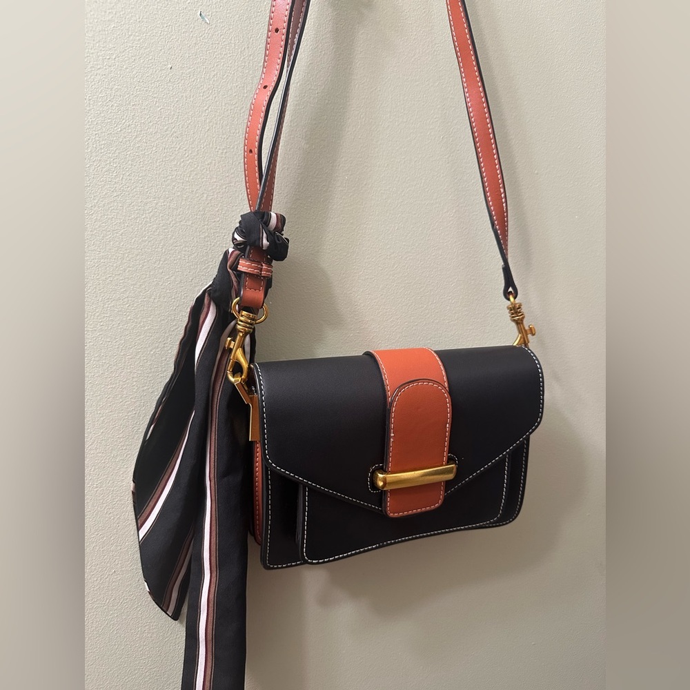 Black and Orange Women's Bag with Scarf Accent